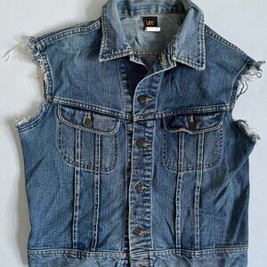 Vintage Men's 80s Denim LEE Trucker Jacket Vest USA Trashed Cut Off Button Sides